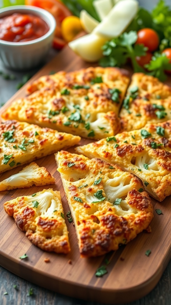 Crispy cauliflower flatbread slices on a wooden board with herbs and marinara sauce.